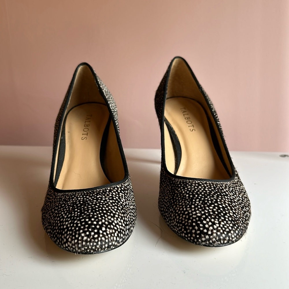 Brown and white animal print heels
